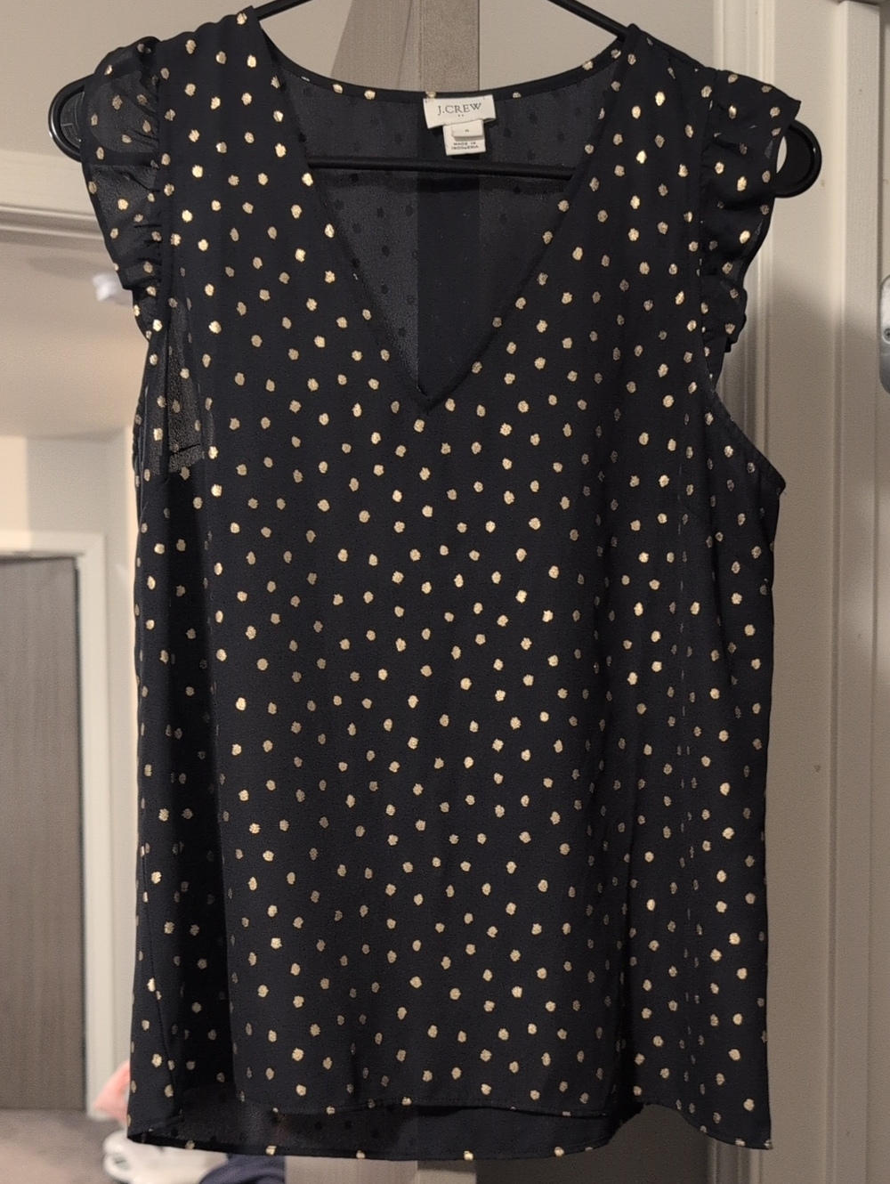 J. Crew Black Sleeveless V-Neck Blouse with Metallic Gold Dots